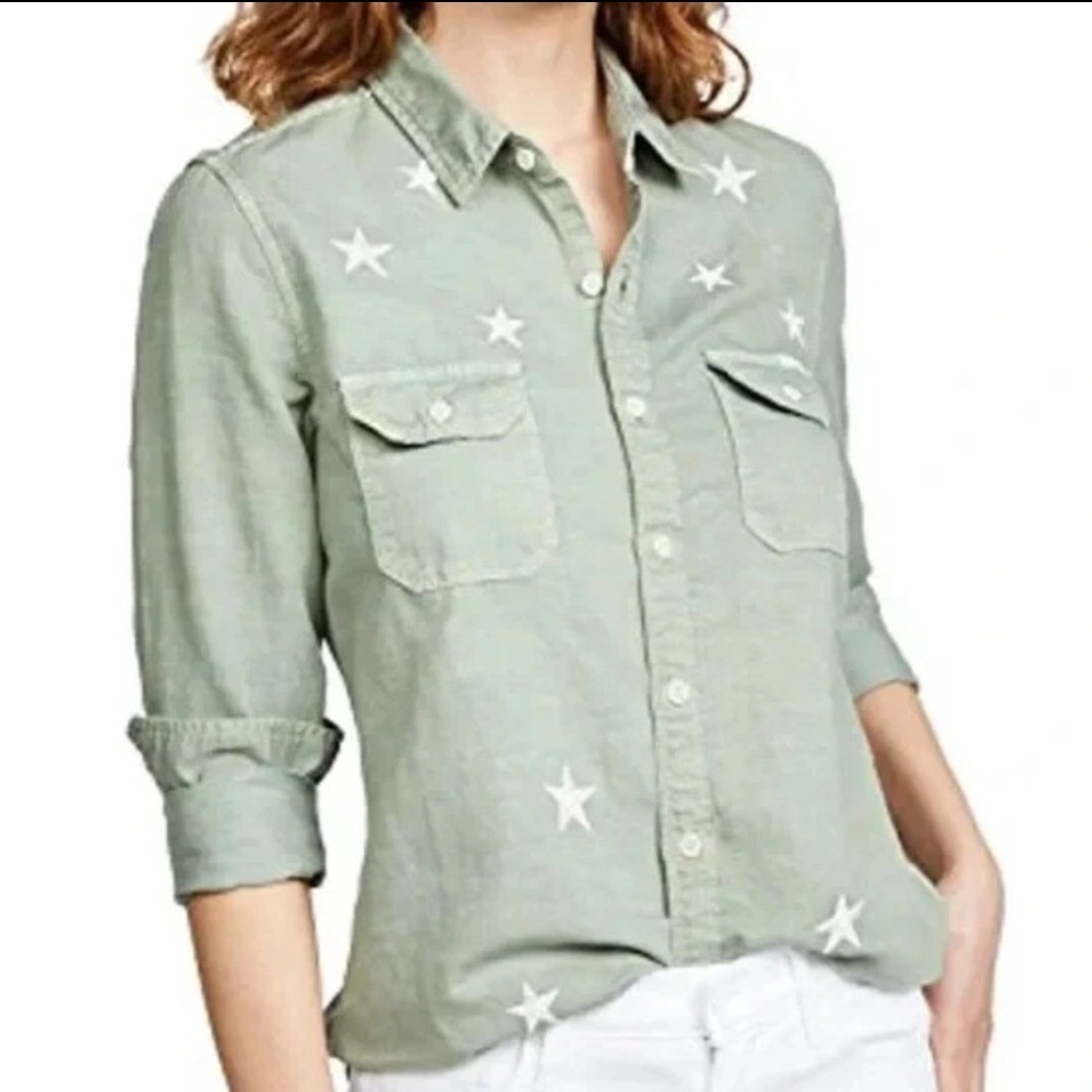MOTHER The Trooper Shirt Sz XS Green Star Embroidered Linen Blend 2080-324